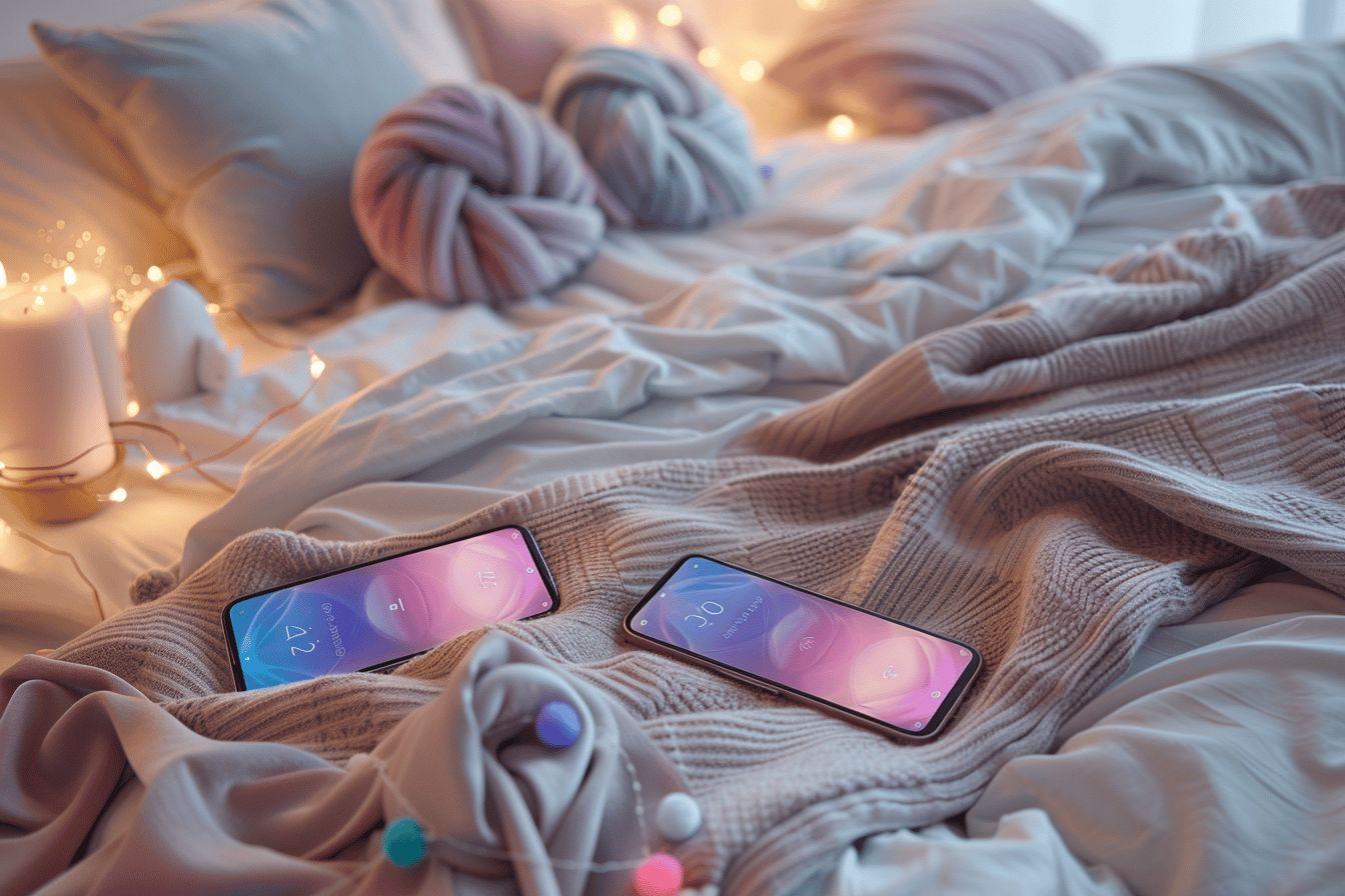 Smartphones posés sur un lit moelleux, entouré de draps et couvertures relaxants.