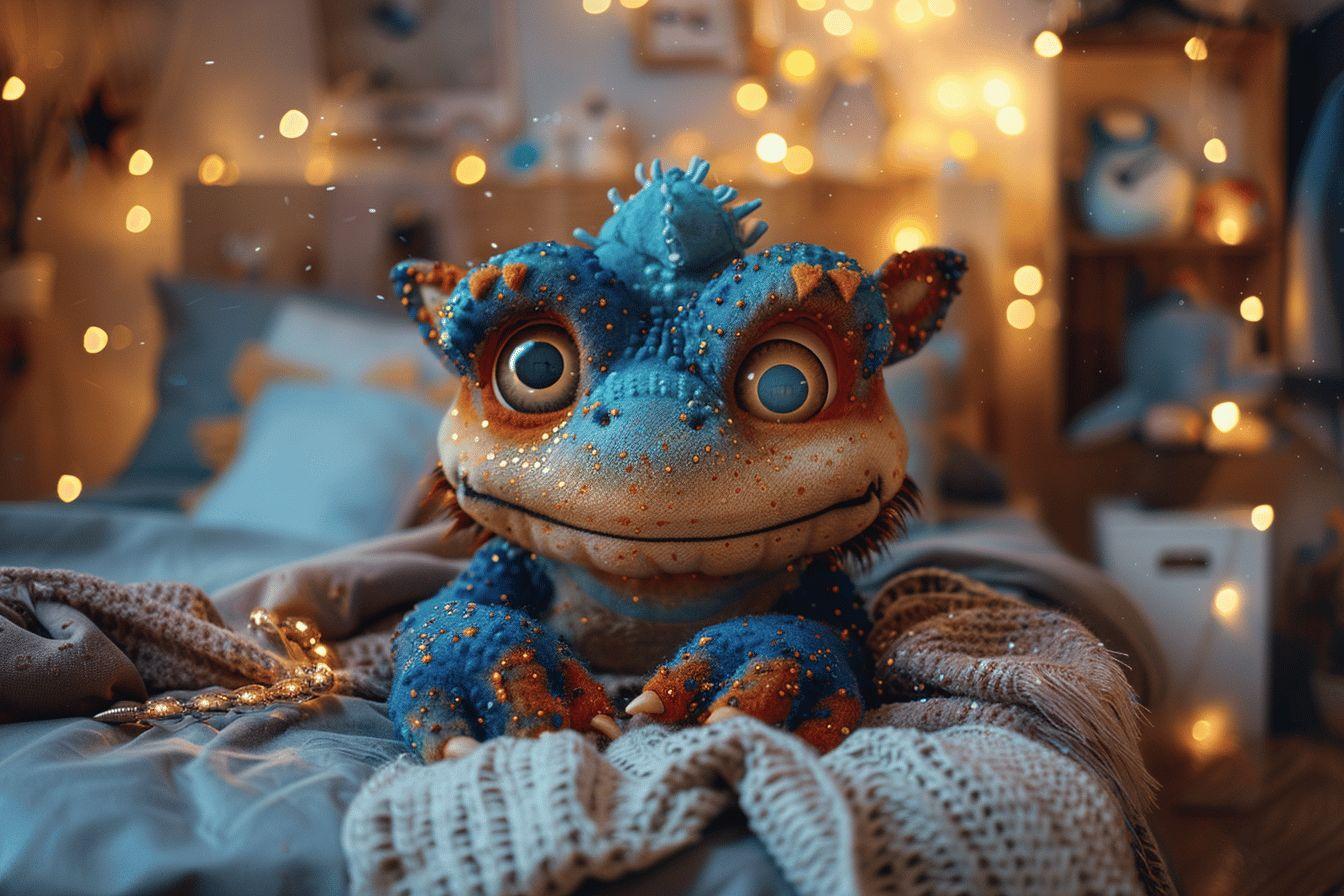 Peluche bleue et orange éclairée de lumières scintillantes