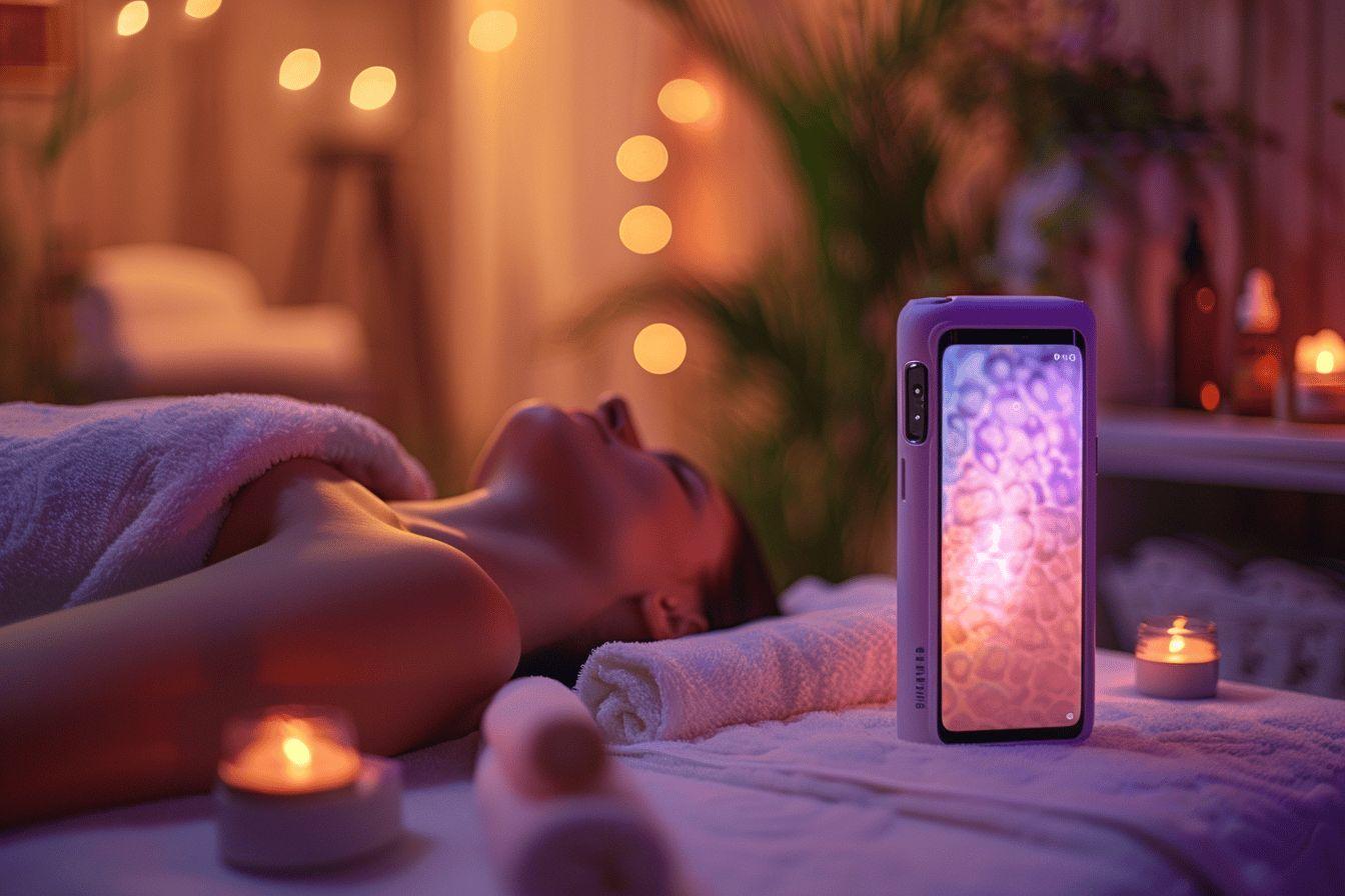 Personne allongée au clair de lune, relaxation avec smartphone lumineux