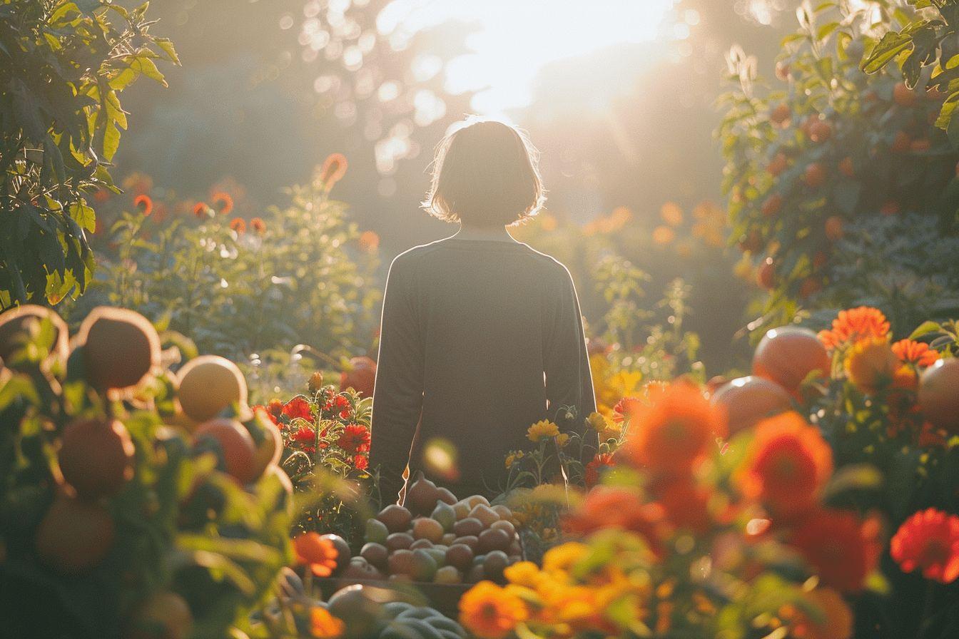 Une personne de dos dans un jardin d'automne aux couleurs vives