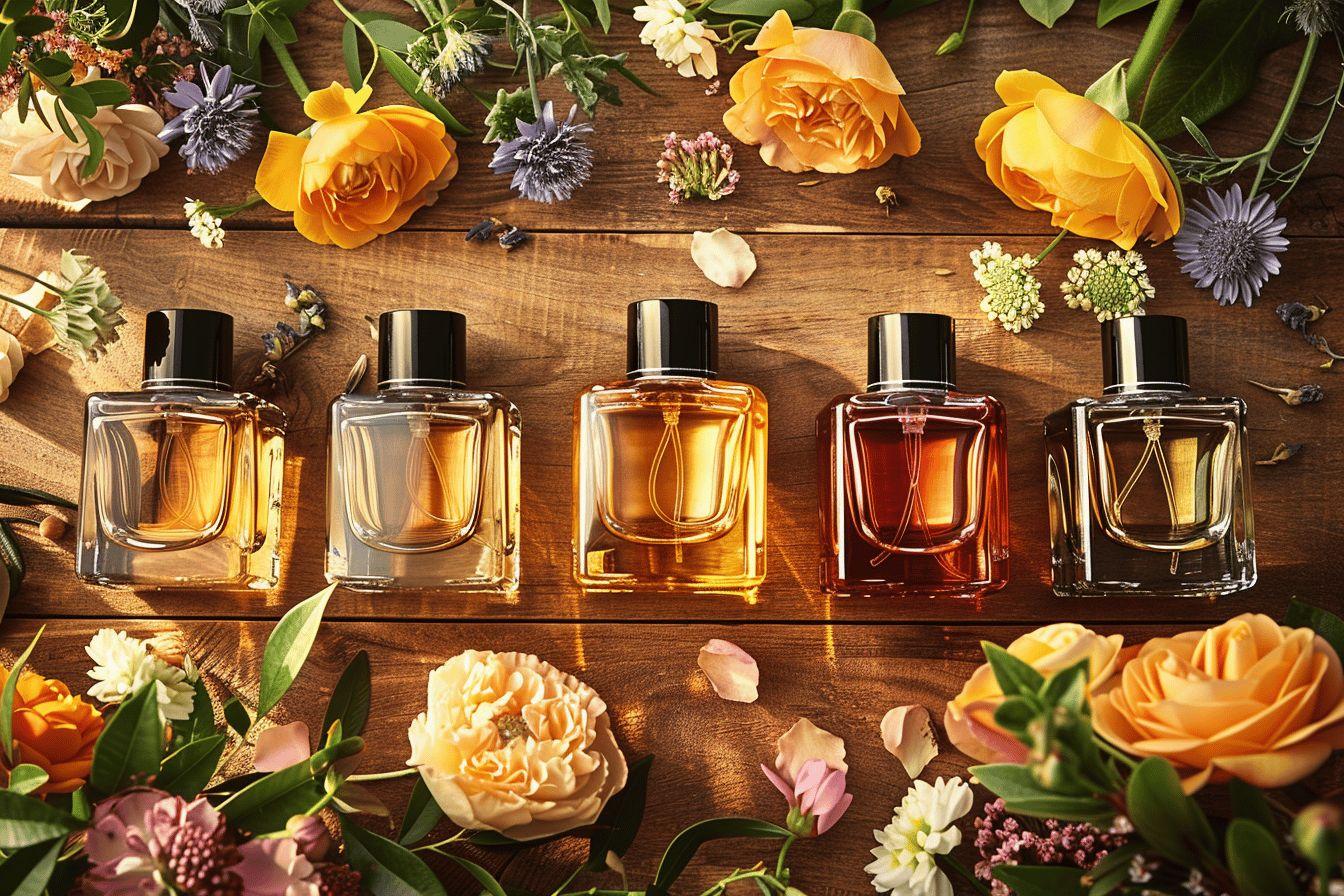 Différents flacons de parfum sur une surface en bois entourée de fleurs colorées