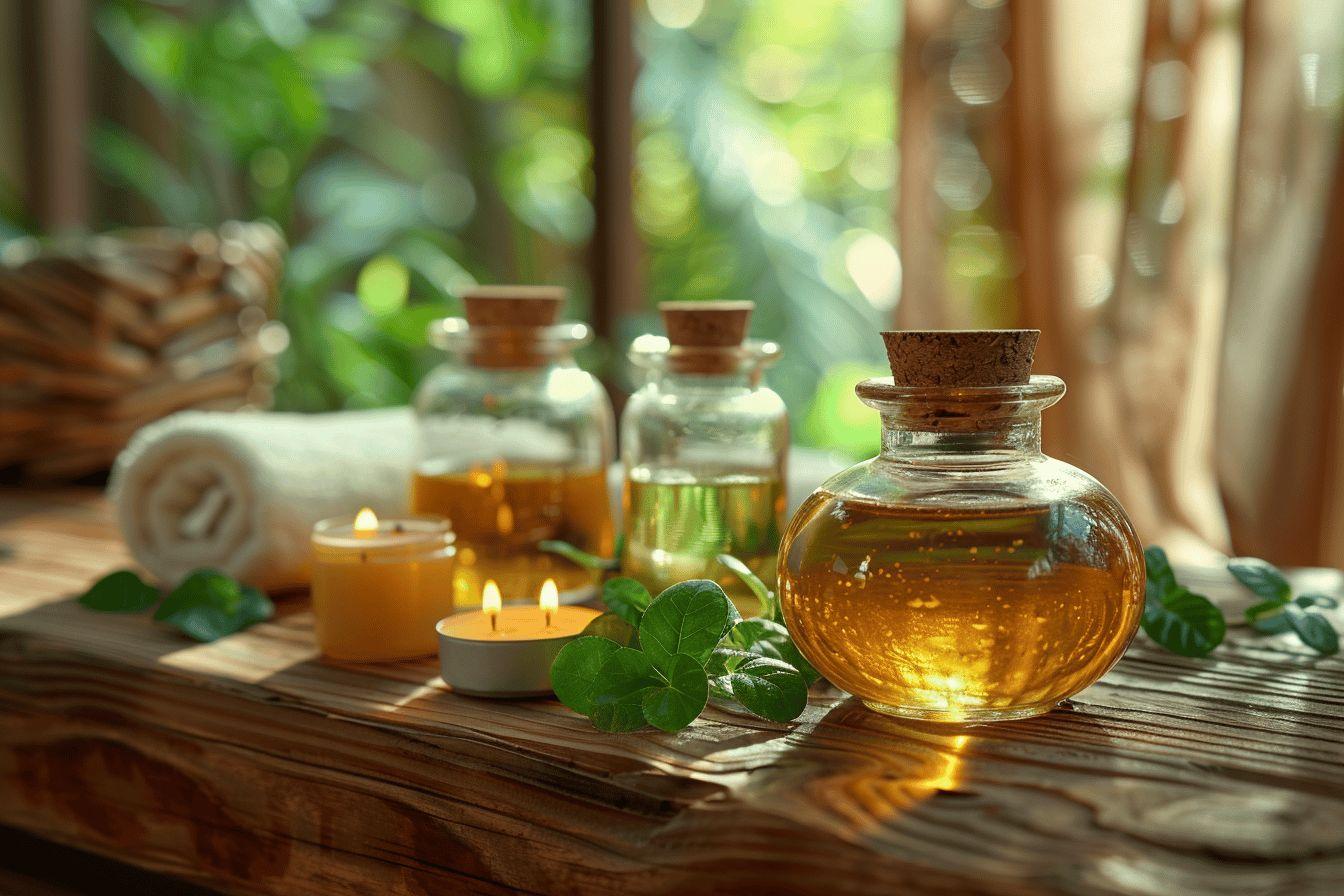 Huiles essentielles, bougies et feuilles de trèfle sur une table en bois