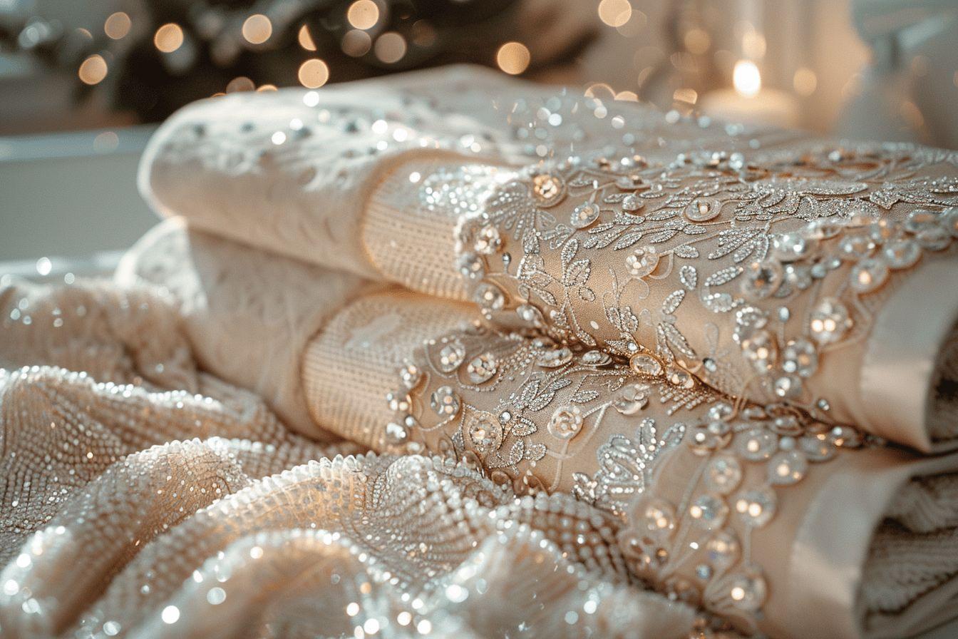 Gros plan sur une robe de mariée ornée de broderies et de paillettes étincelantes