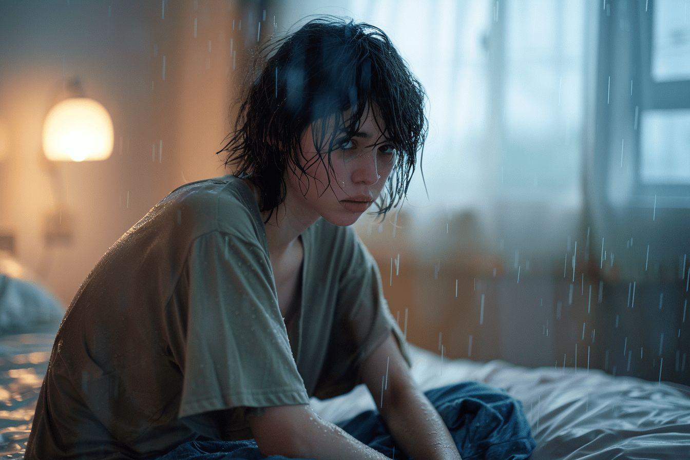 Une femme assise dans la pluie, l'air mélancolique et pensif