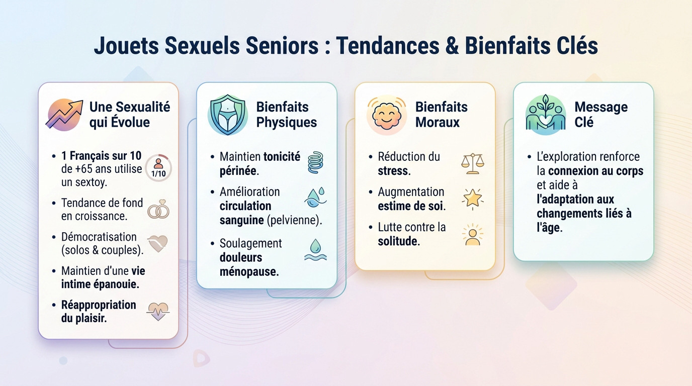 Couple senior complice et souriant illustrant l'épanouissement sexuel et l'usage de jouets intimes adaptés