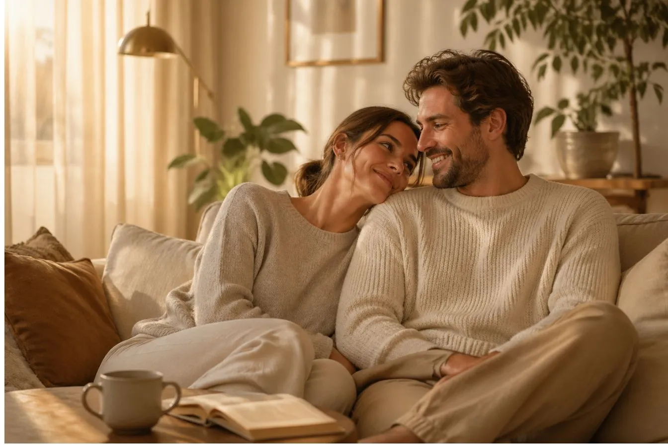 Couple complice partageant un moment d'intimité et de communication sur un canapé