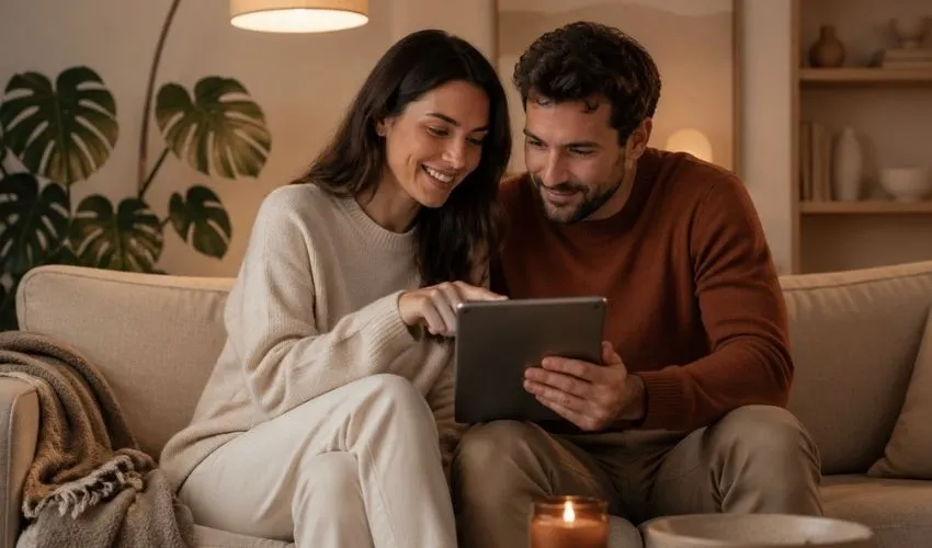 Couple choisissant ensemble sur une tablette dans un salon chaleureux