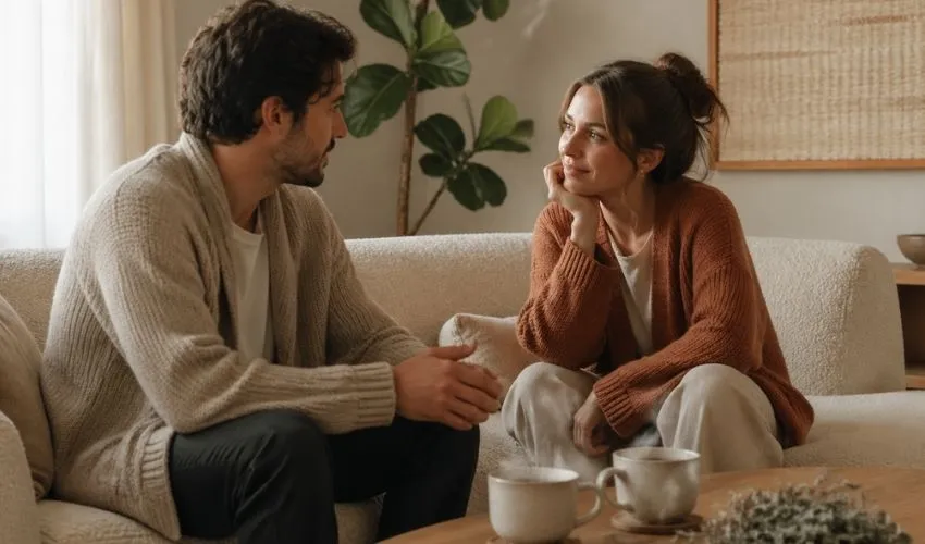 Couple en pleine conversation ouverte et bienveillante autour d'un thé