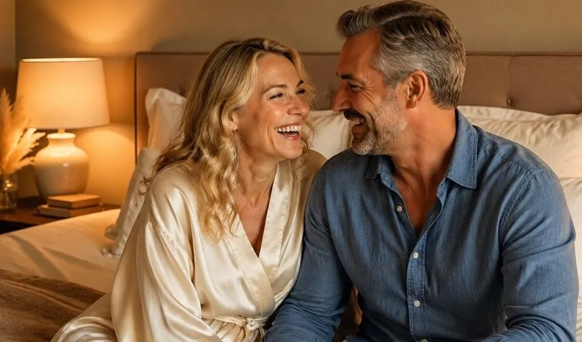 Couple mature riant complice dans une chambre cosy moderne