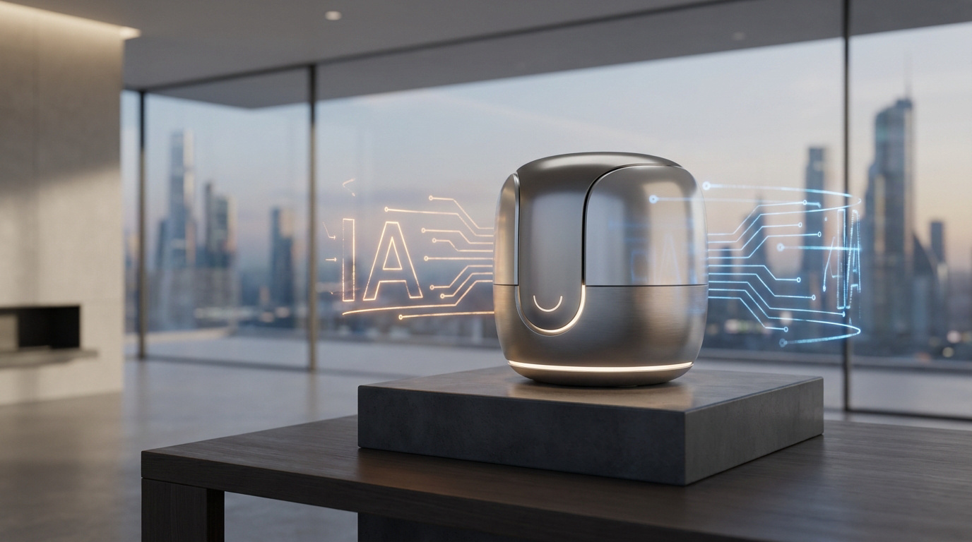 Un appareil automatique au design moderne et épuré, entouré d'effets holographiques représentant l'intelligence artificielle.