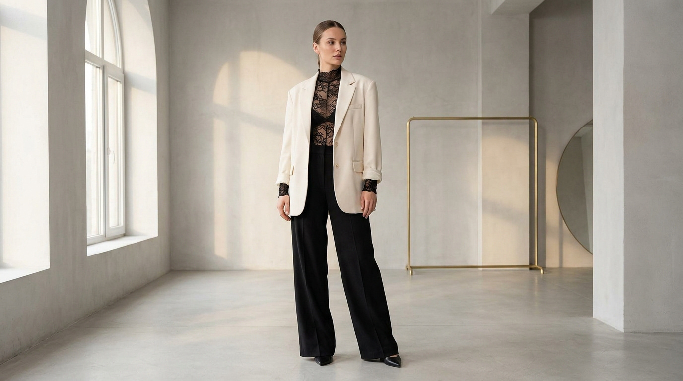 Une femme élégante porte un body en dentelle noire sous un blazer beige dans un studio lumineux et minimaliste.