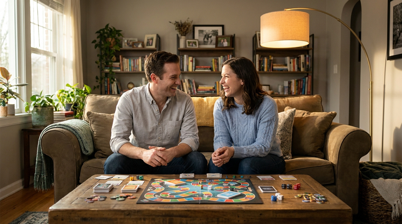 Un couple souriant joue à un jeu de plateau sur une table basse dans un salon chaleureux et éclairé.