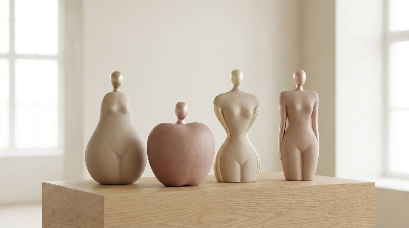 Quatre sculptures abstraites représentant différentes formes de corps féminin disposées sur un socle en bois.
