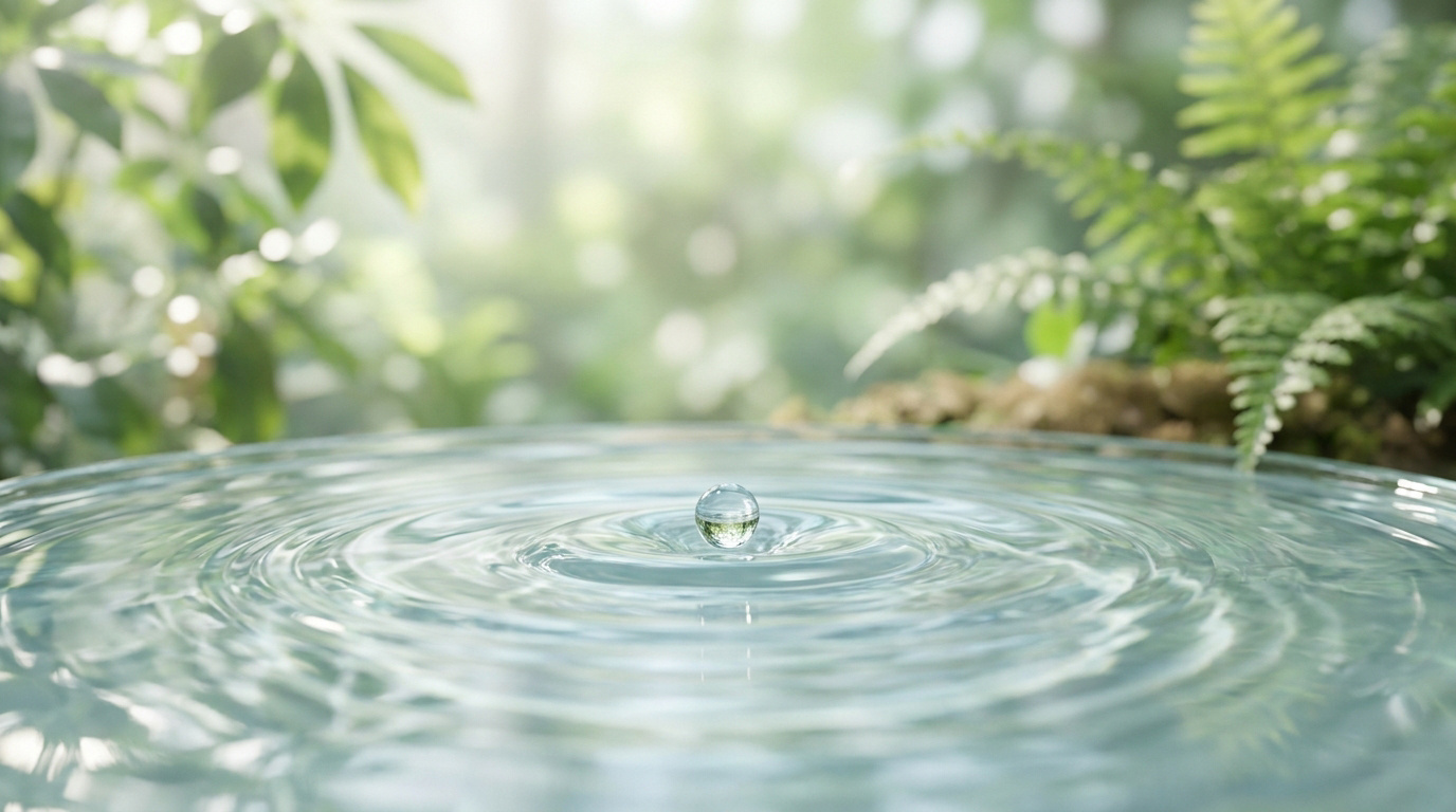 Une goutte d'eau tombant dans un bassin, créant des ondulations dans un décor naturel et apaisant.