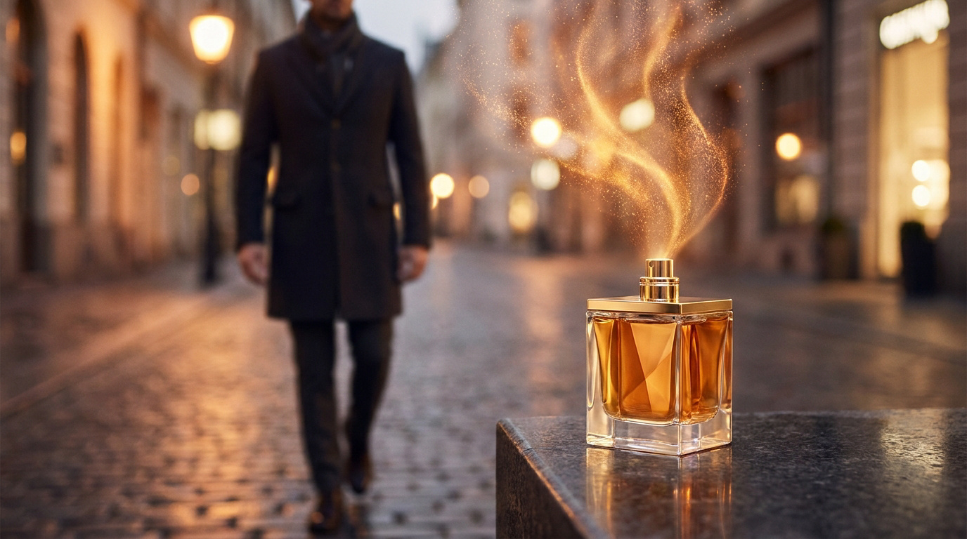 Flacon de parfum émettant une aura dorée scintillante avec un homme élégant marchant dans une rue pavée en arrière-plan.