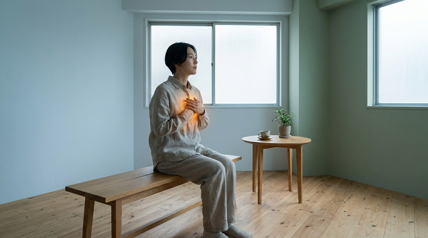 Une personne assise sur un banc en bois avec une lueur chaleureuse au niveau de la poitrine, dans une pièce minimaliste.