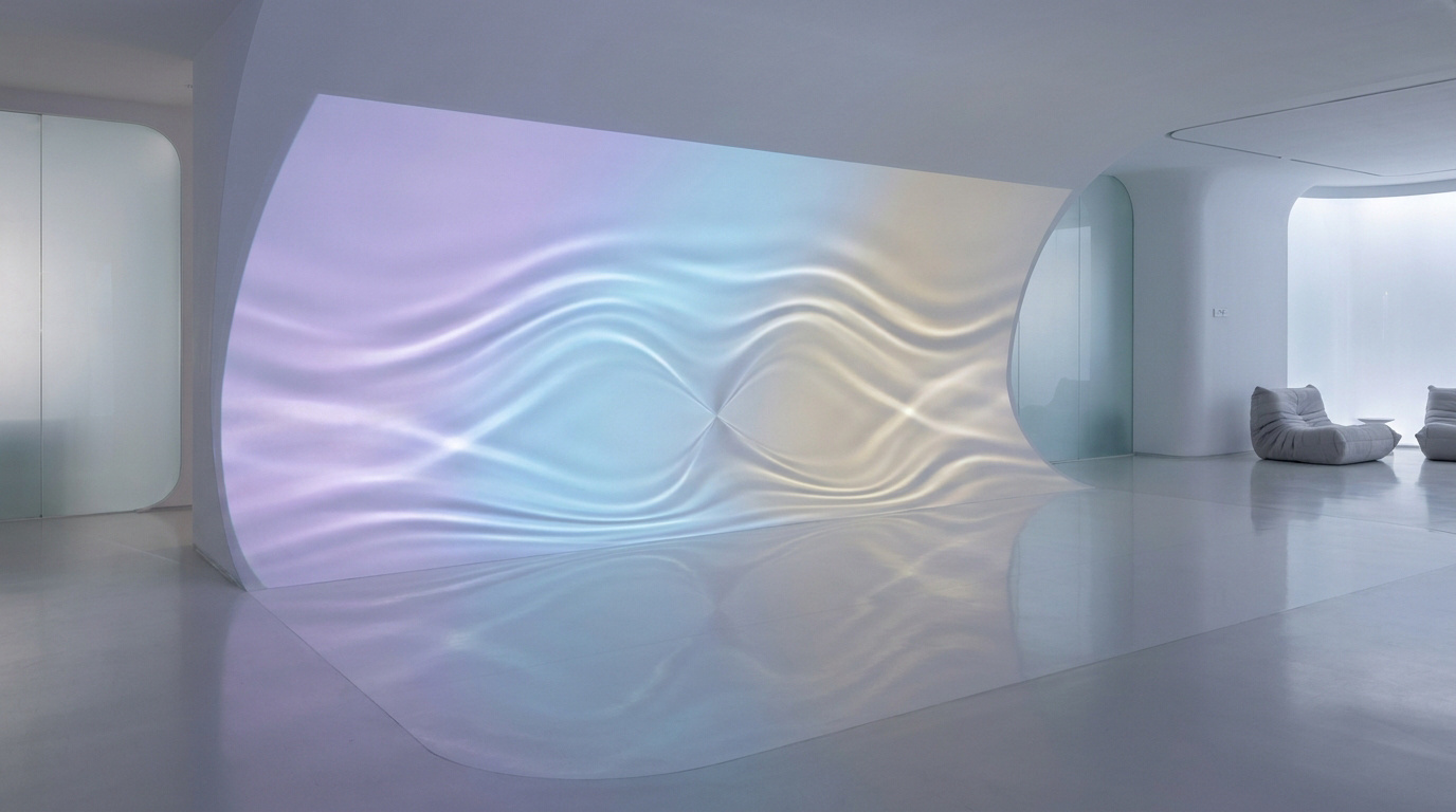 Une pièce minimaliste blanche avec un mur incurvé projetant des ondes de lumière aux tons pastels et irisés.