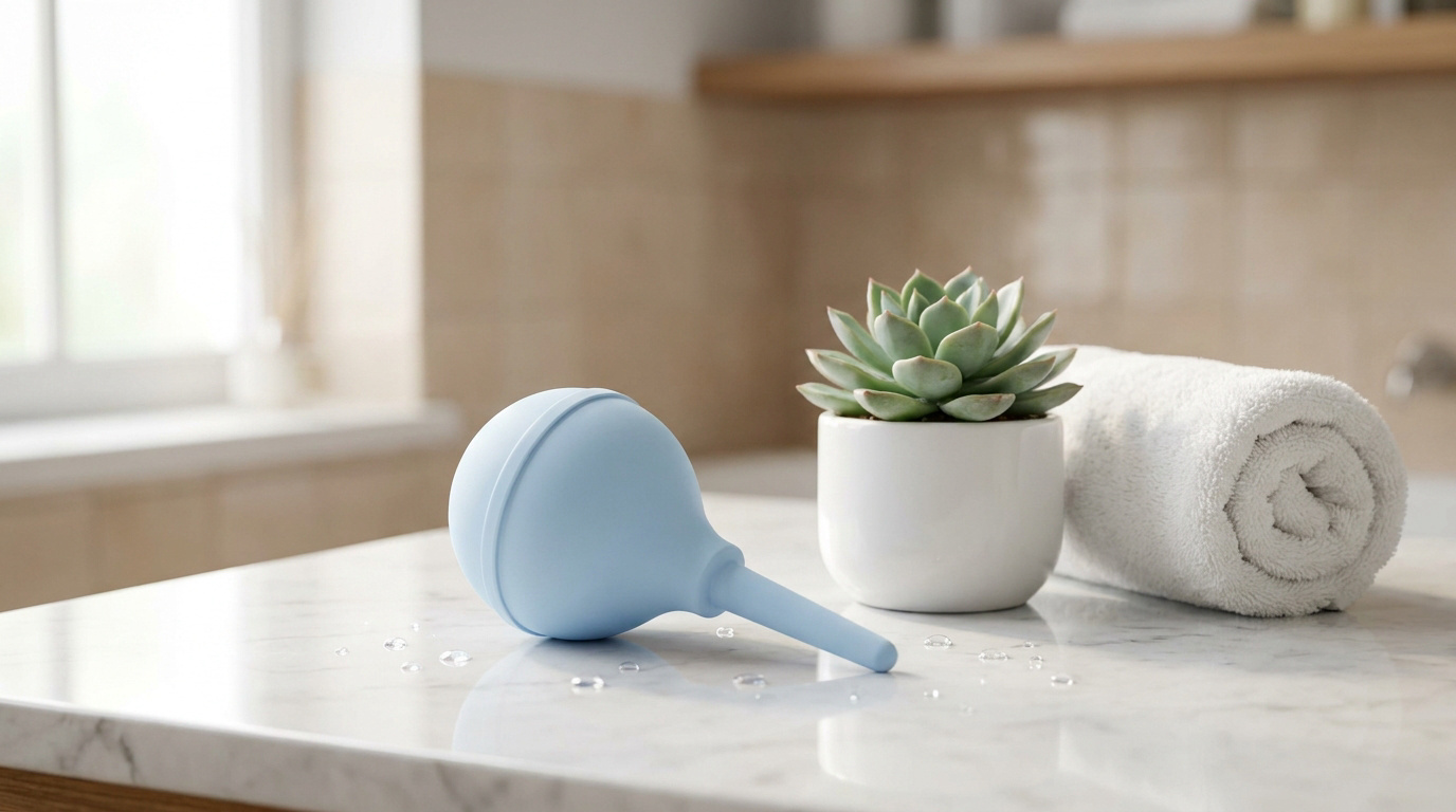 Poire à lavement bleue en silicone posée sur un comptoir de salle de bain avec une succulente et une serviette.