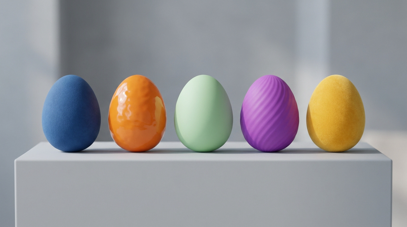 Cinq œufs masturbateurs Tenga colorés et aux textures variées alignés sur un socle gris.