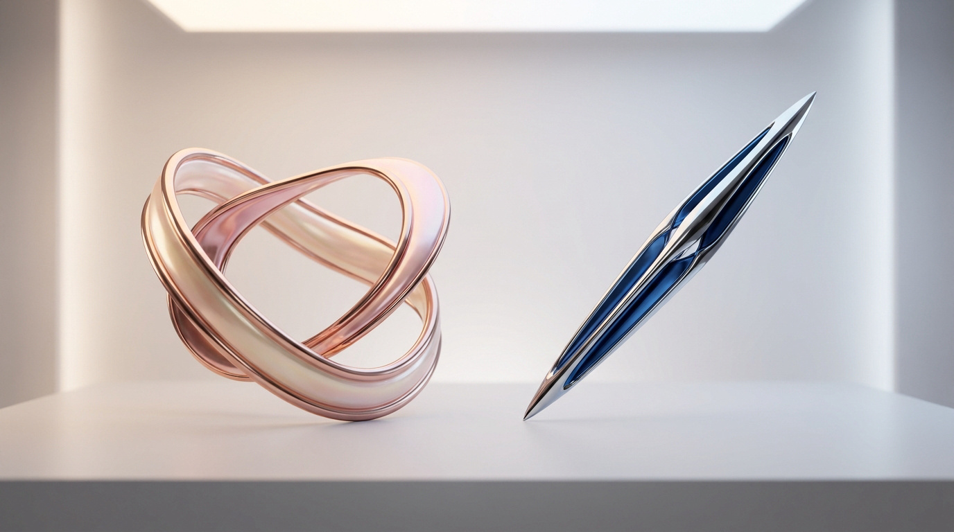 Deux objets artistiques abstraits en métal, l'un en forme d'anneau entrelacé rose et l'autre un fuseau bleu et argent.