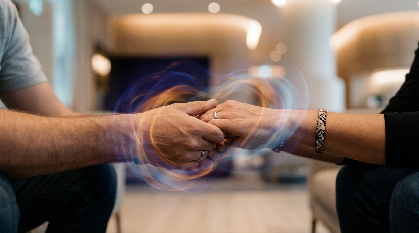 Gros plan sur deux mains qui se tiennent, entourées d'un halo lumineux abstrait symbolisant une connexion émotionnelle.