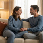 Un couple complice se tenant par la main, assis sur un canapé, engagé dans une conversation intime.