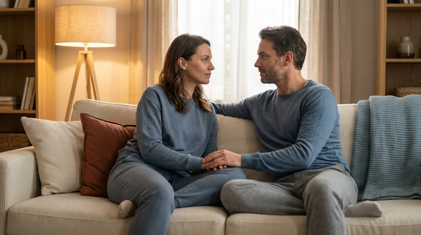 Un couple complice se tenant par la main, assis sur un canapé, engagé dans une conversation intime.