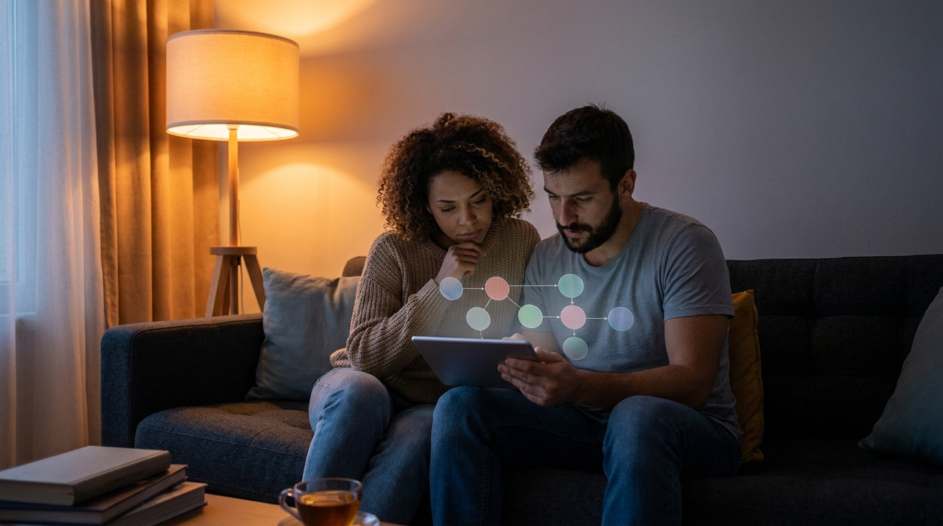 Un couple assis sur un canapé regarde un schéma interactif sur une tablette numérique dans une pièce chaleureuse.