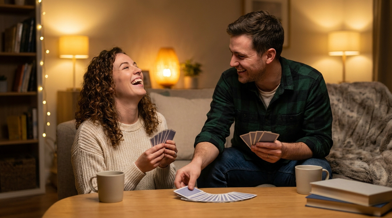 Un couple heureux jouant aux cartes dans un salon chaleureux et éclairé.