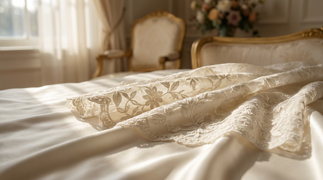 Délicate lingerie en dentelle blanche posée sur un lit en satin dans une chambre élégante et lumineuse.