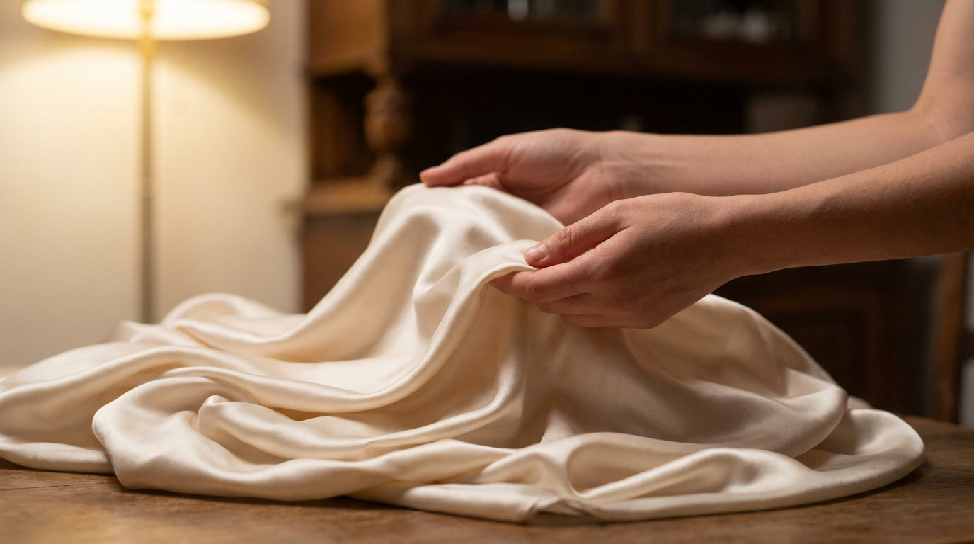 Mains féminines caressant délicatement un tissu en soie blanc crème sur une table en bois dans une lumière tamisée.