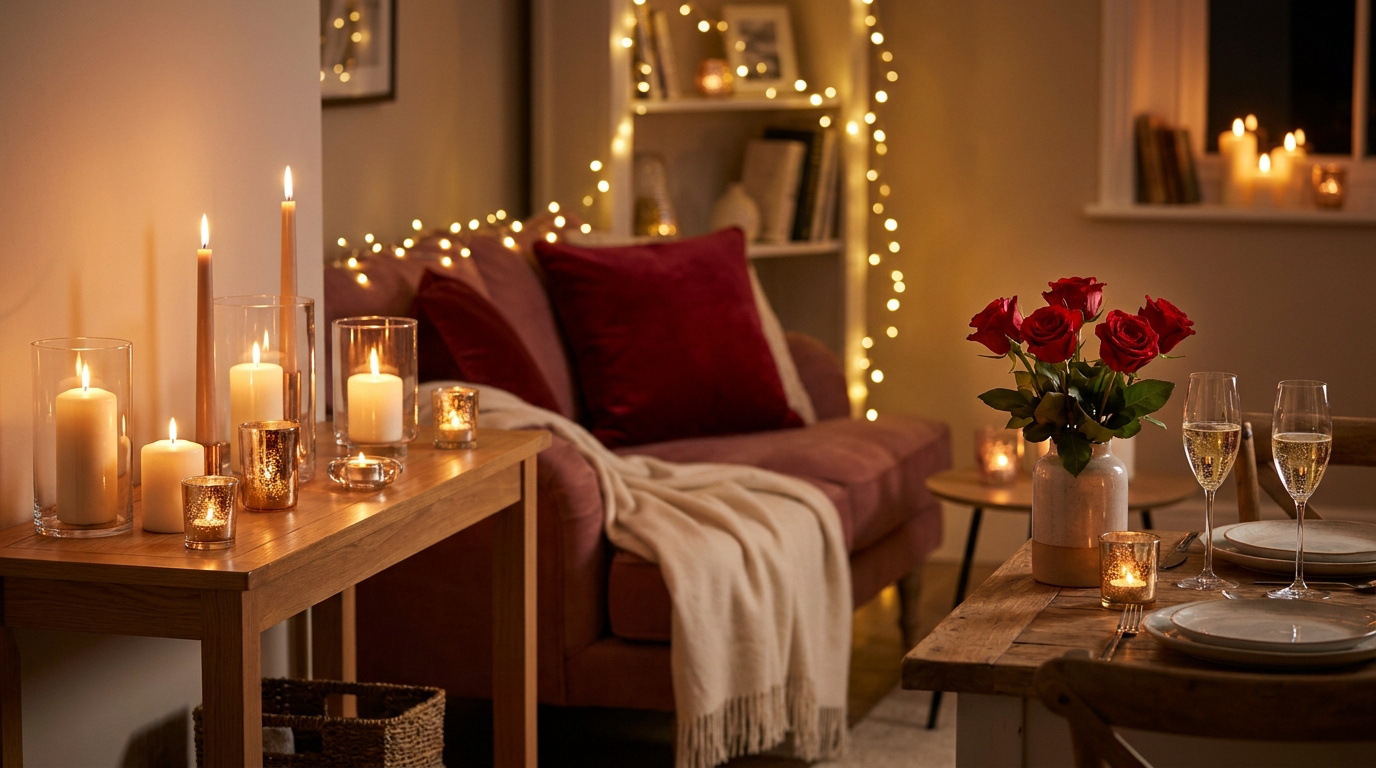 Table dressée avec des roses, des bougies et une lumière chaleureuse dans un salon cosy.