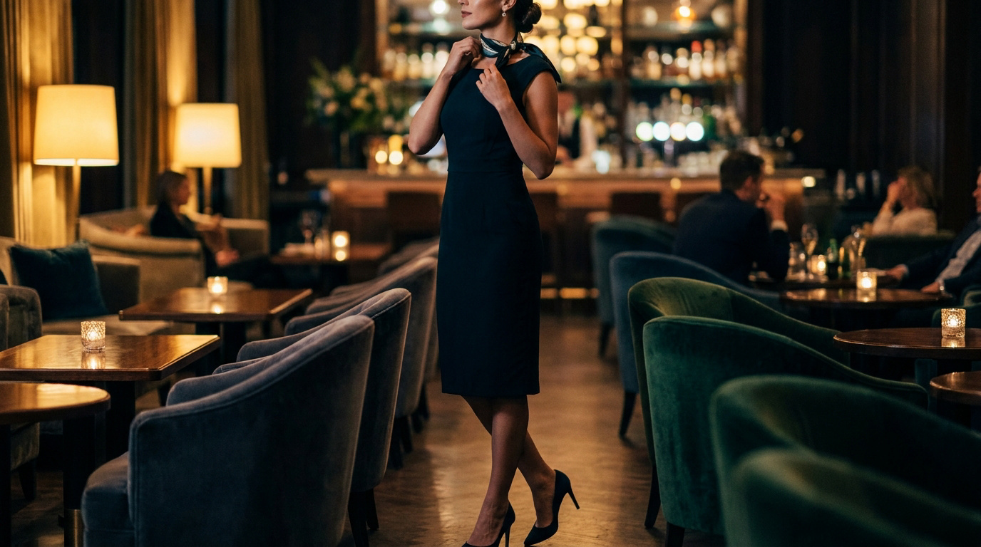 Une femme élégante en robe noire ajustée debout dans un bar chic aux lumières tamisées.