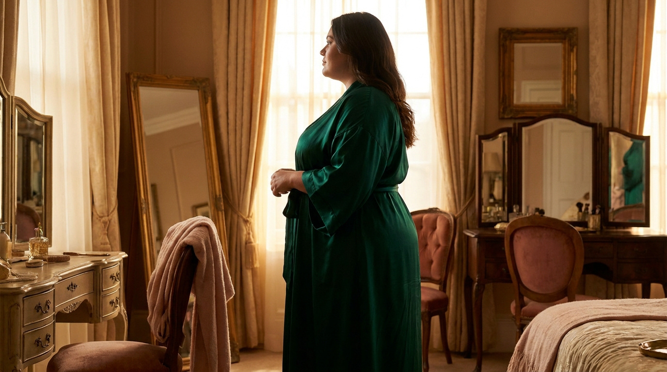 Une femme à la silhouette généreuse portant un peignoir en satin vert devant une fenêtre dans une chambre classique.