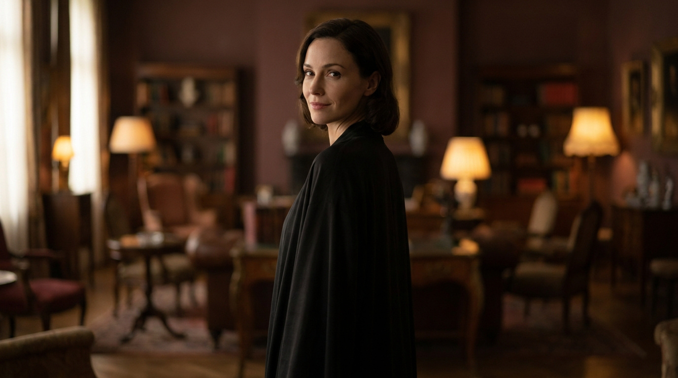 Une femme élégante portant un peignoir noir regarde par-dessus son épaule dans un salon classique à l'ambiance feutrée.