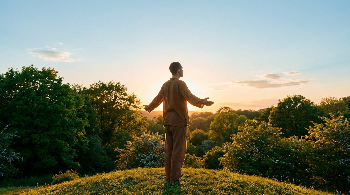Homme debout dans une prairie au coucher du soleil, les bras ouverts vers le ciel, symbolisant la libertĂ© et le bien-ĂȘtre.