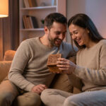 Un couple heureux assis sur un canapé, riant en ouvrant une petite boßte en bois sculpté dans une ambiance chaleureuse.