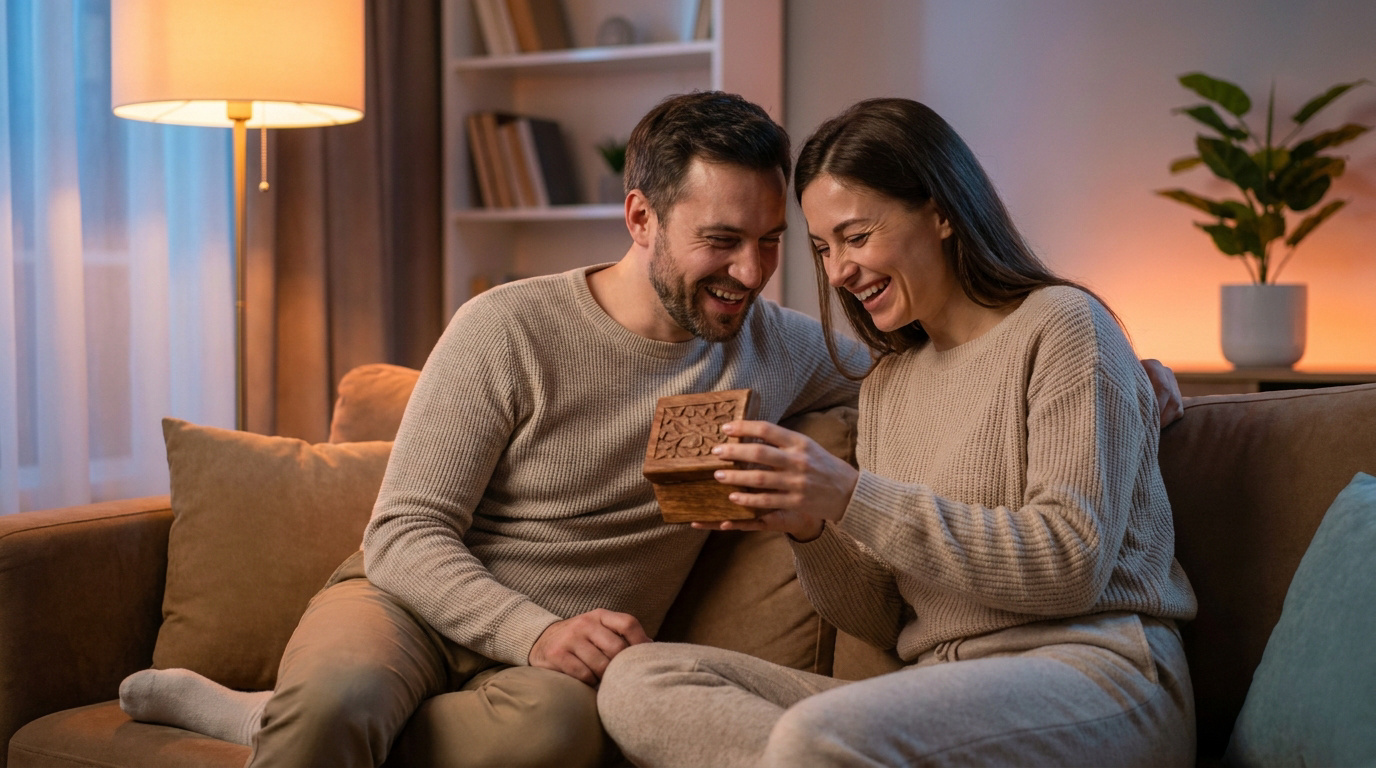 Un couple heureux assis sur un canapé, riant en ouvrant une petite boßte en bois sculpté dans une ambiance chaleureuse.