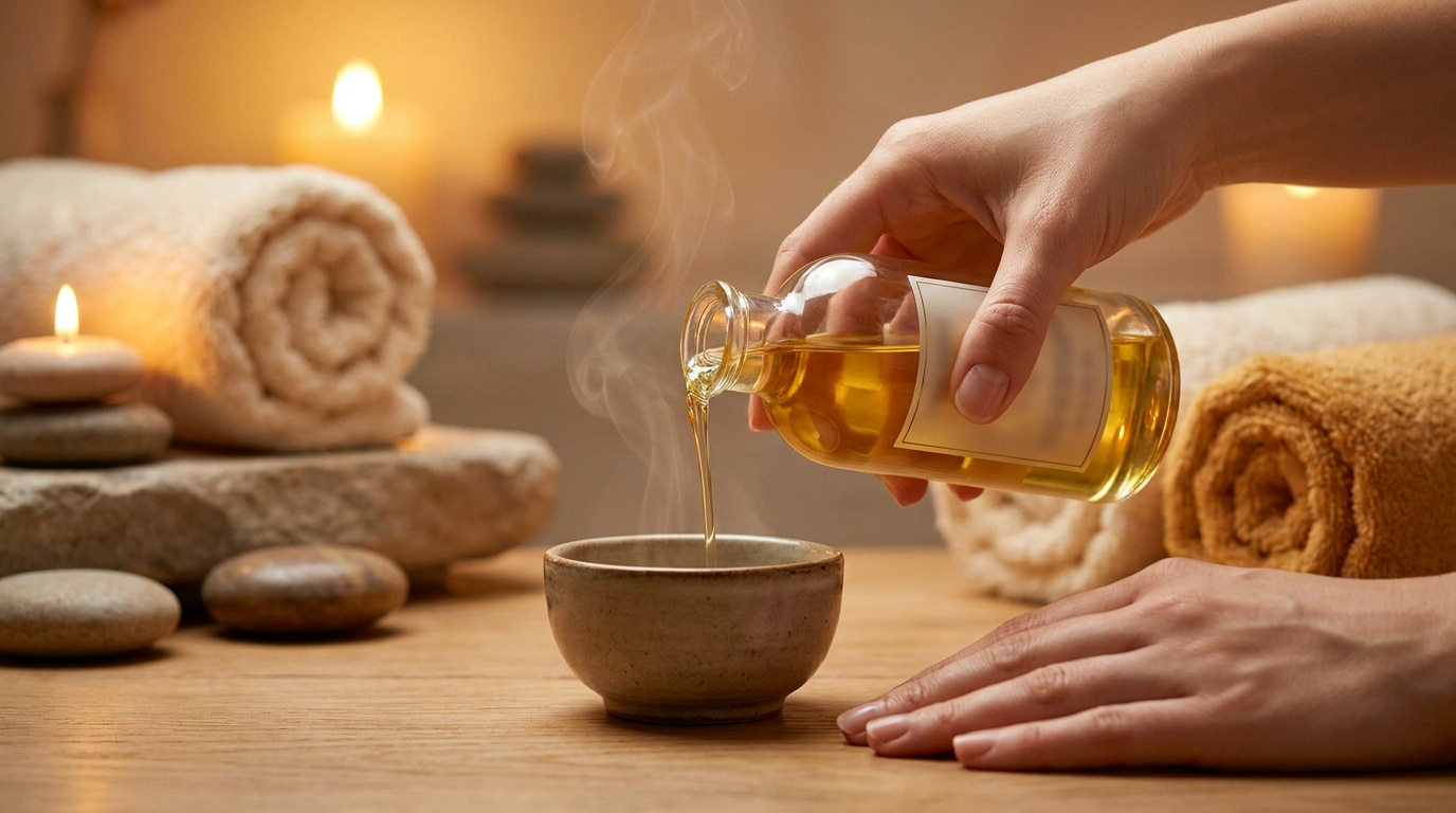 Une main verse de l'huile de massage chaude dans un petit bol, entourée de bougies et de serviettes dans un spa.