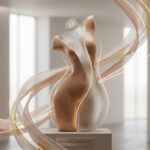 Sculpture abstraite d'un torse féminin élégant entouré de rubans lumineux fluides dans un espace minimaliste.