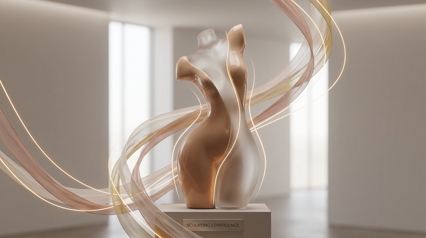 Sculpture abstraite d'un torse féminin élégant entouré de rubans lumineux fluides dans un espace minimaliste.