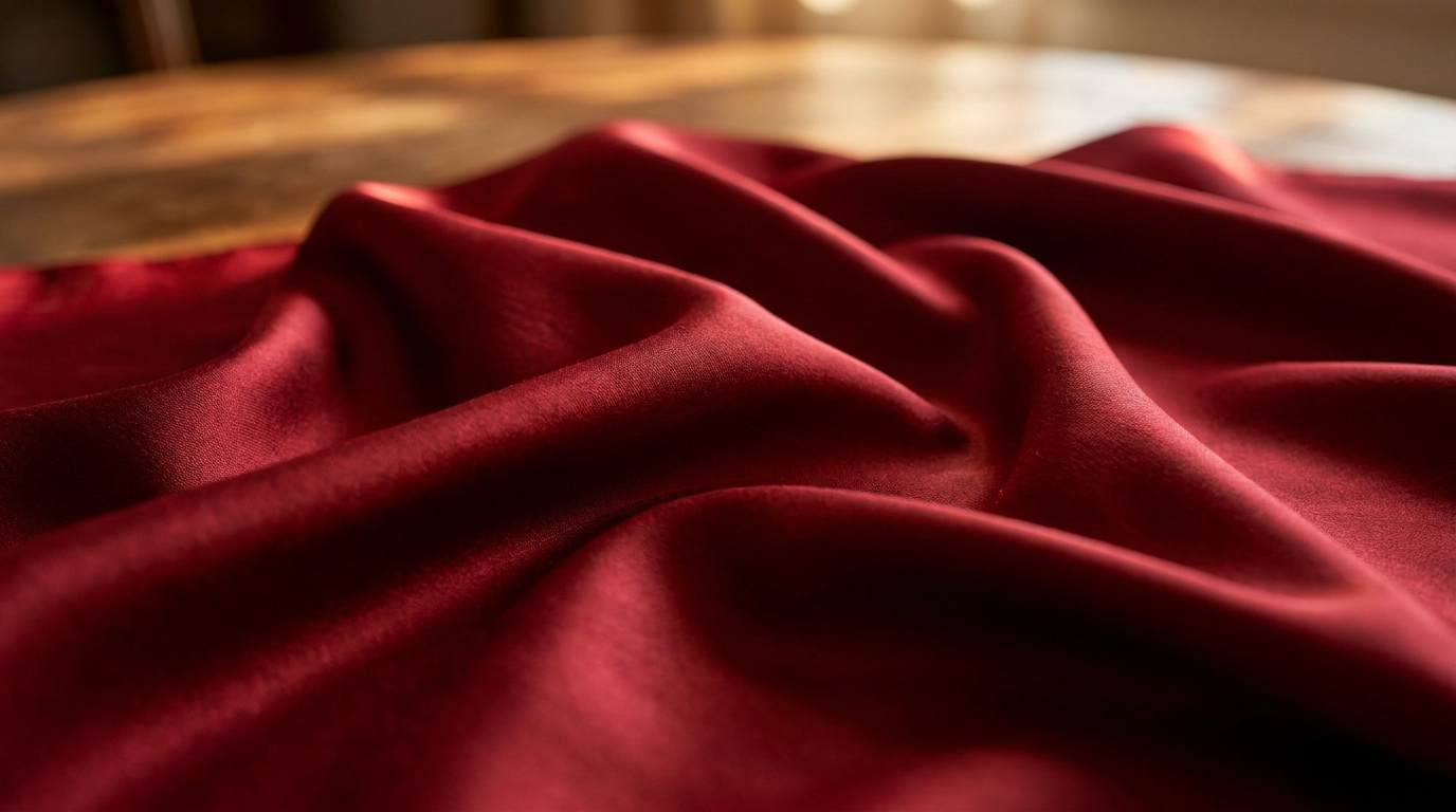 Gros plan sur un tissu en soie rouge drapé avec des plis élégants sur une surface en bois.
