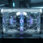 Un appareil cylindrique futuriste en verre avec une sphÚre métallique et des faisceaux d'énergie bleus à l'intérieur.