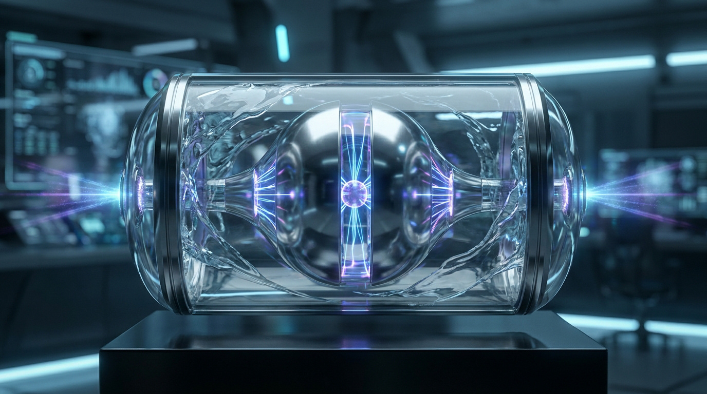 Un appareil cylindrique futuriste en verre avec une sphère métallique et des faisceaux d'énergie bleus à l'intérieur.