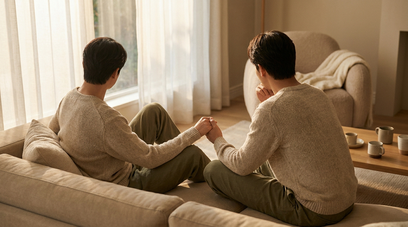 Deux hommes assis sur un canapé, se tenant la main et regardant par la fenêtre dans un salon lumineux.