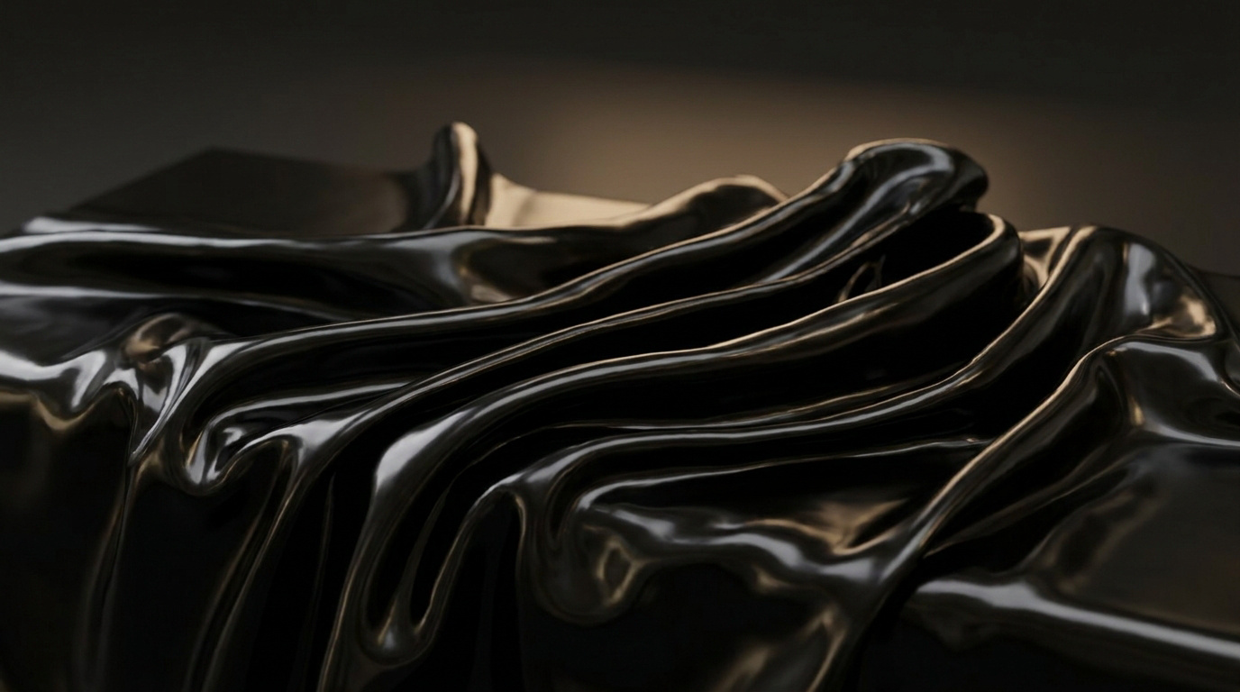 Gros plan sur un tissu noir brillant effet wetlook drapé avec des reflets lumineux.