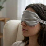 Femme brune aux yeux bandés avec un masque en soie gris dans un intérieur lumineux et apaisant.