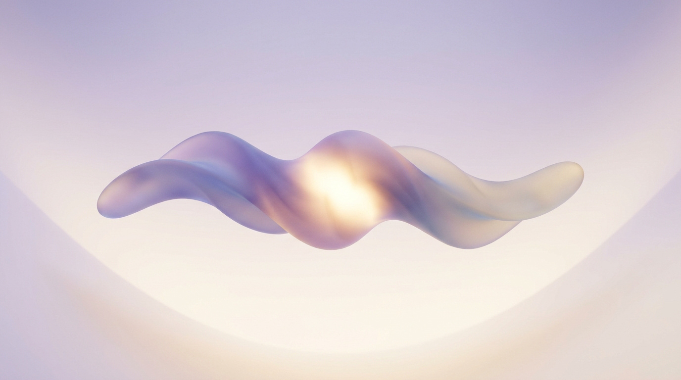 Forme abstraite ondulée et lumineuse aux teintes violettes sur fond dégradé doux et minimaliste.