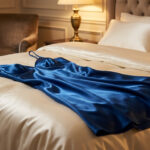 Une nuisette en satin bleu marine posée sur un lit luxueux aux draps beiges dans une chambre à coucher raffinée.