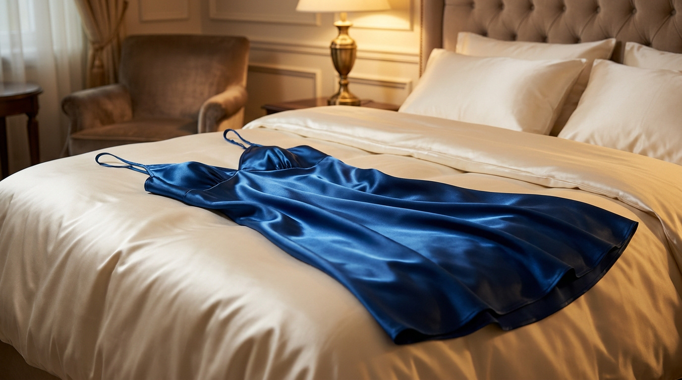 Une nuisette en satin bleu marine posée sur un lit luxueux aux draps beiges dans une chambre à coucher raffinée.